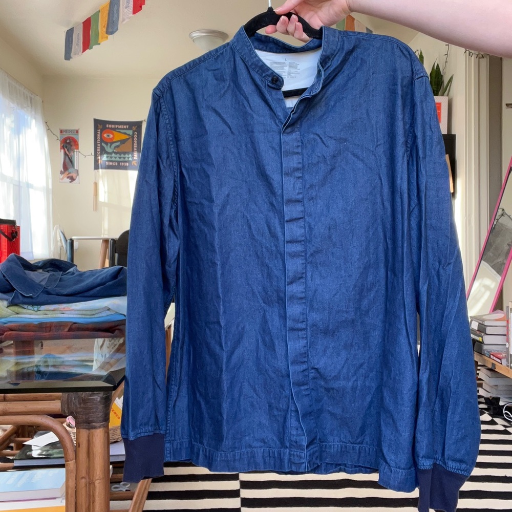 Muji denim button up collarless hidden button shirt